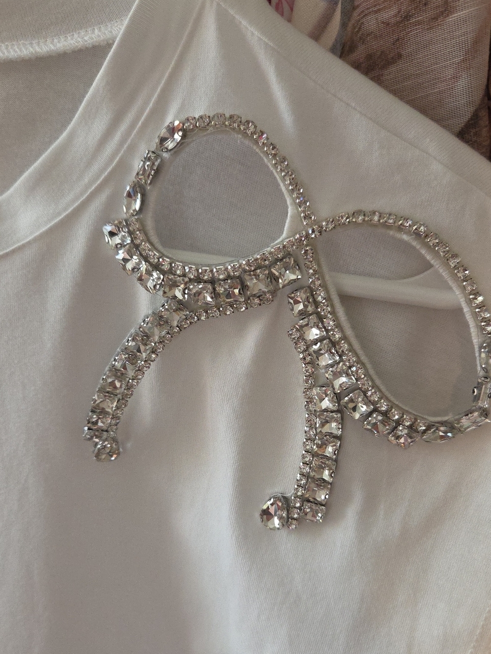 White Short Sleeve Tee with Lace Hem and Rhinestone Bow Accent - Picture 3 of 10